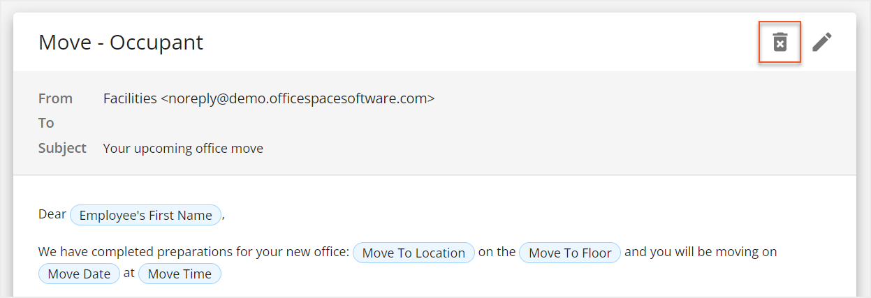 Delete icon indicated on template