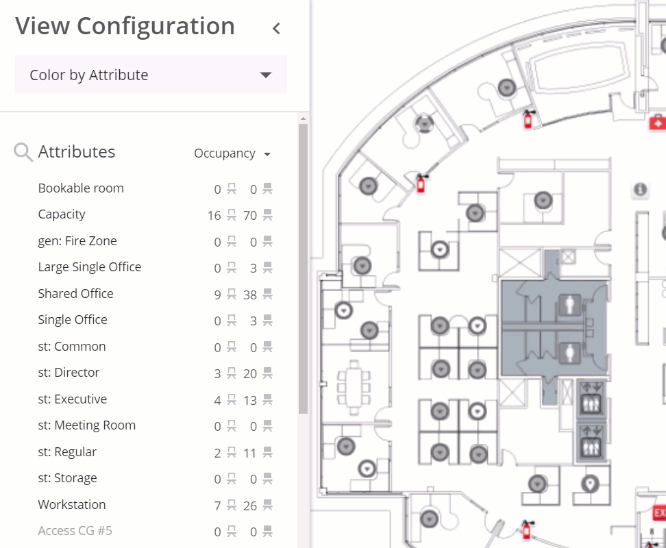 Selecting Bookable Room attribute from View Configuration to filter colour on the floor plan