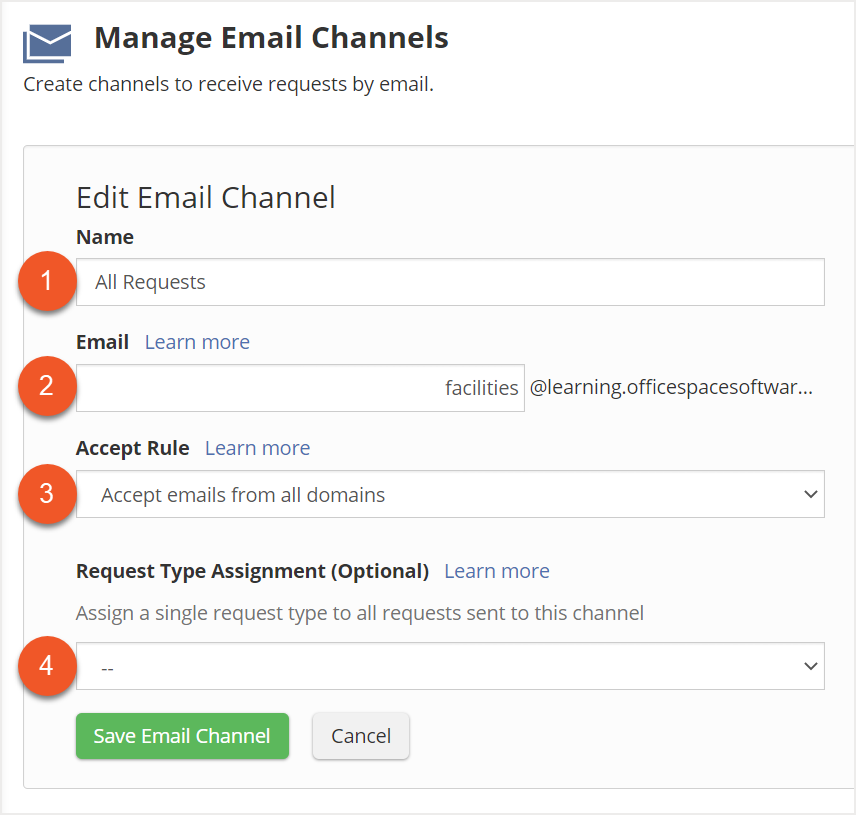 Manage Email Channels screen with fields indicated