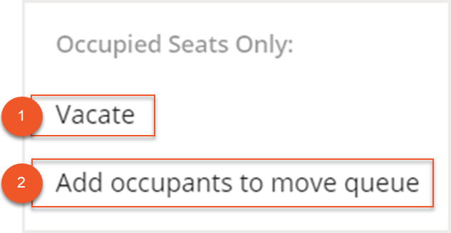 Occupied Desks section under Actions dropdown with Vacate and Add occupants to move queue buttons indicated