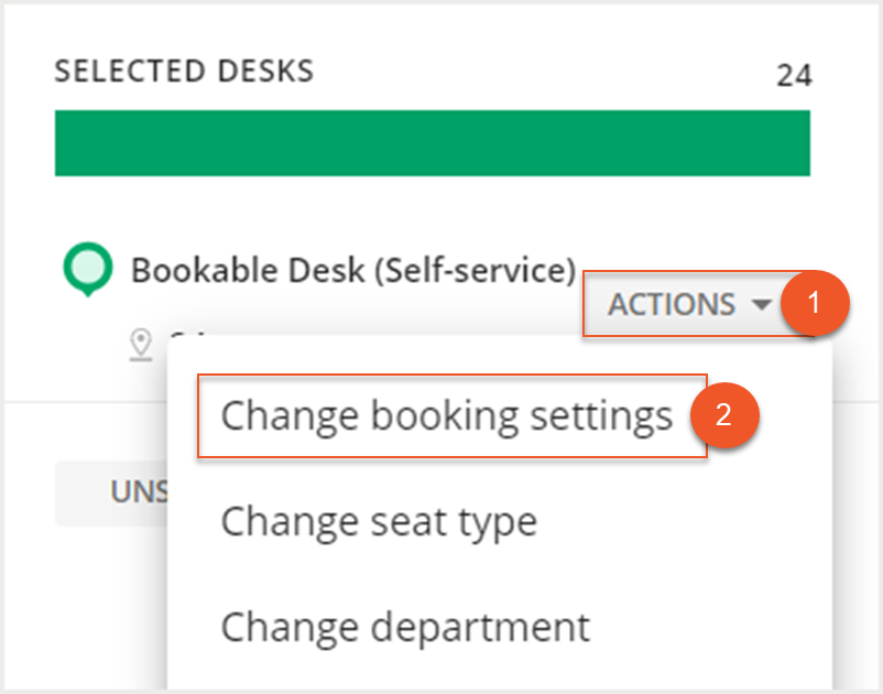 Expanded actions dropdown and change booking settings list item indicated