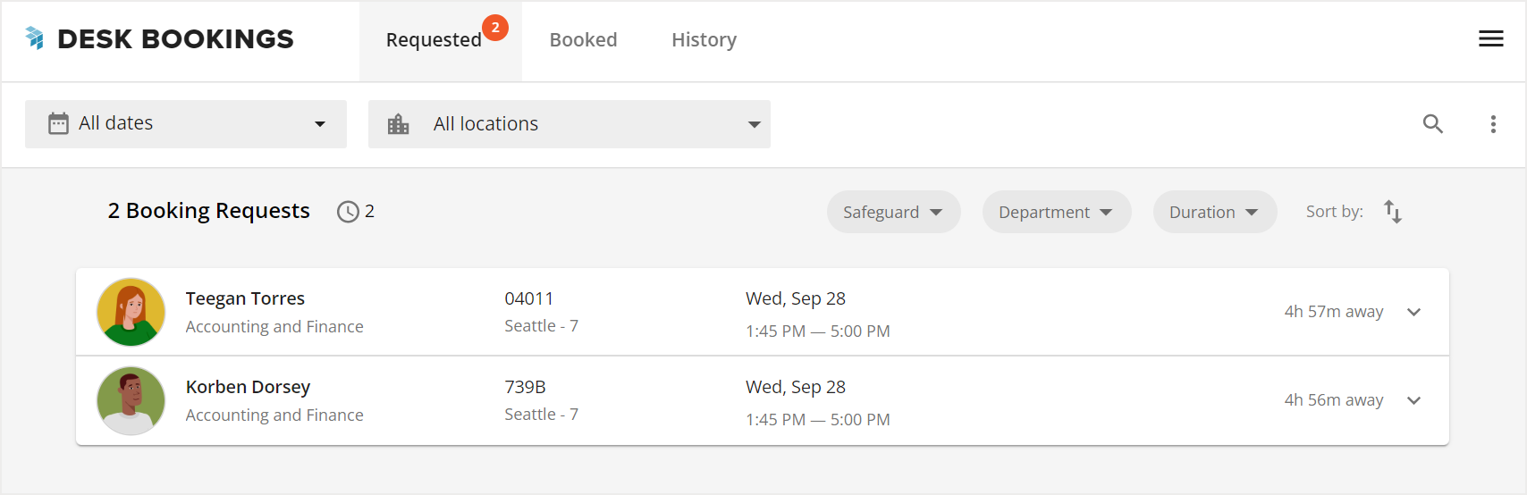 Requested booking tab with 2 booking request cards