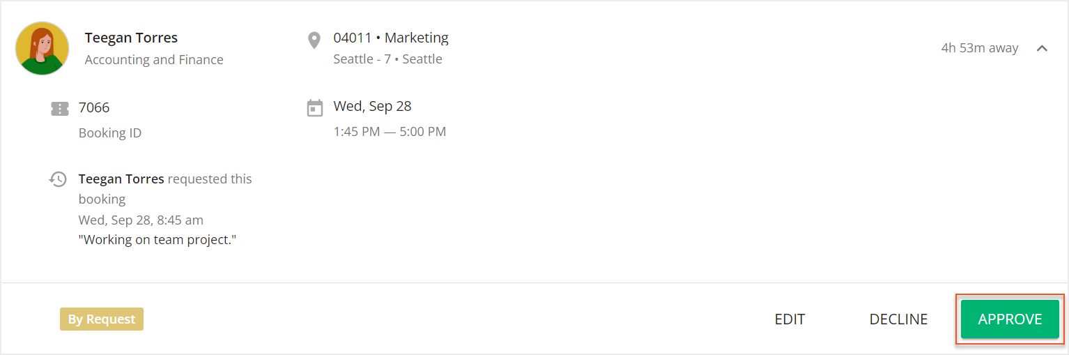 Expanded requested booking card with Approve button indicated