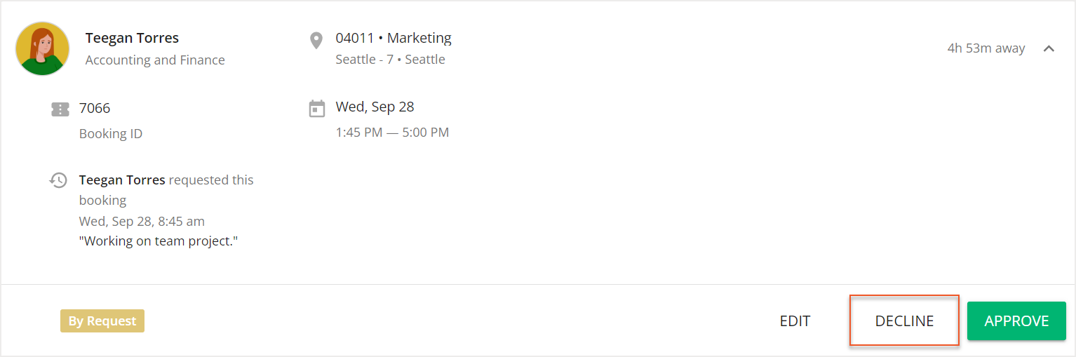 Expanded requested booking card with Decline button indicated
