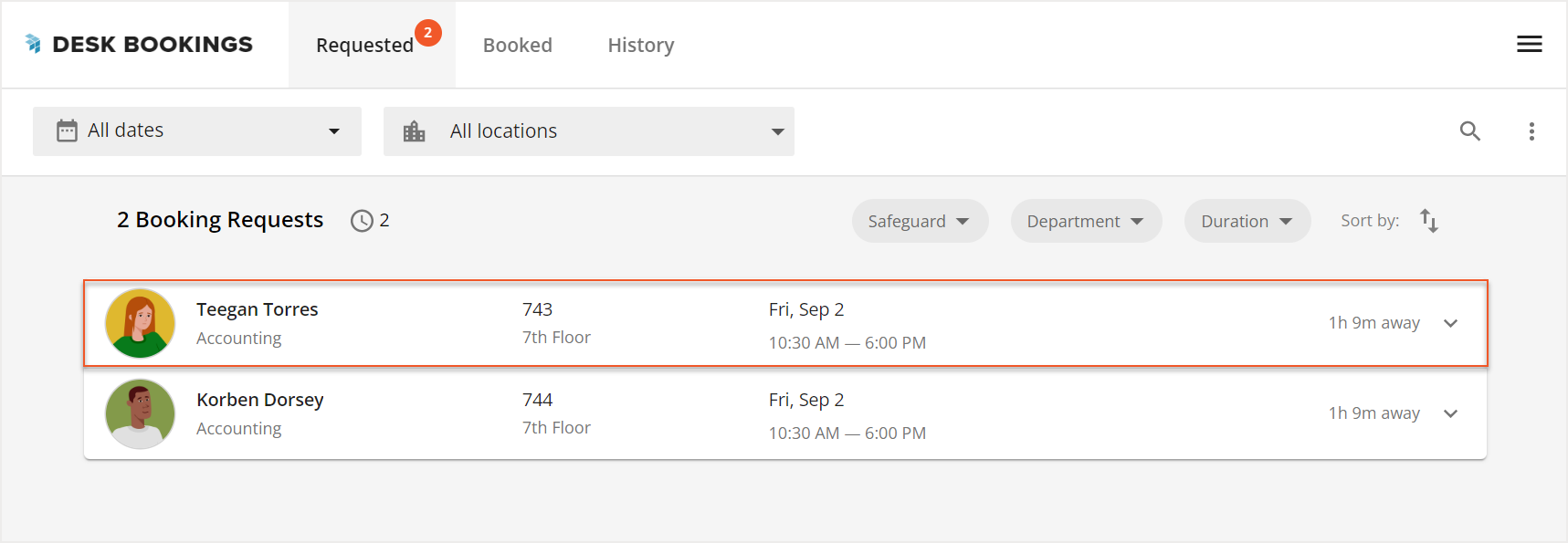 Request tab with booking request card indicated