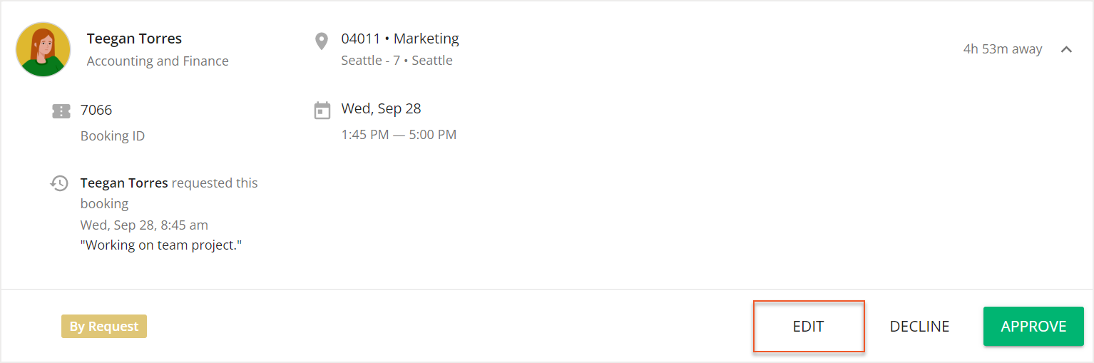 Expanded requested booking card with Edit button indicated