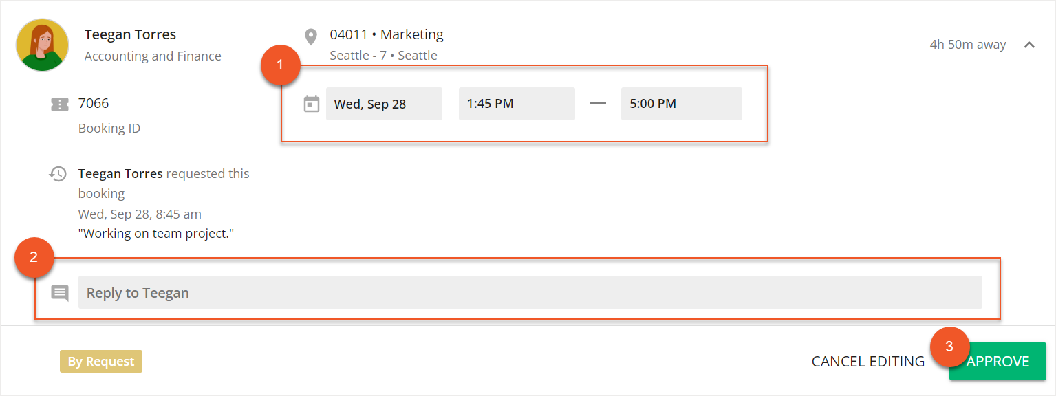 Editable booking card with date field, time field, note field, and approve button indicated