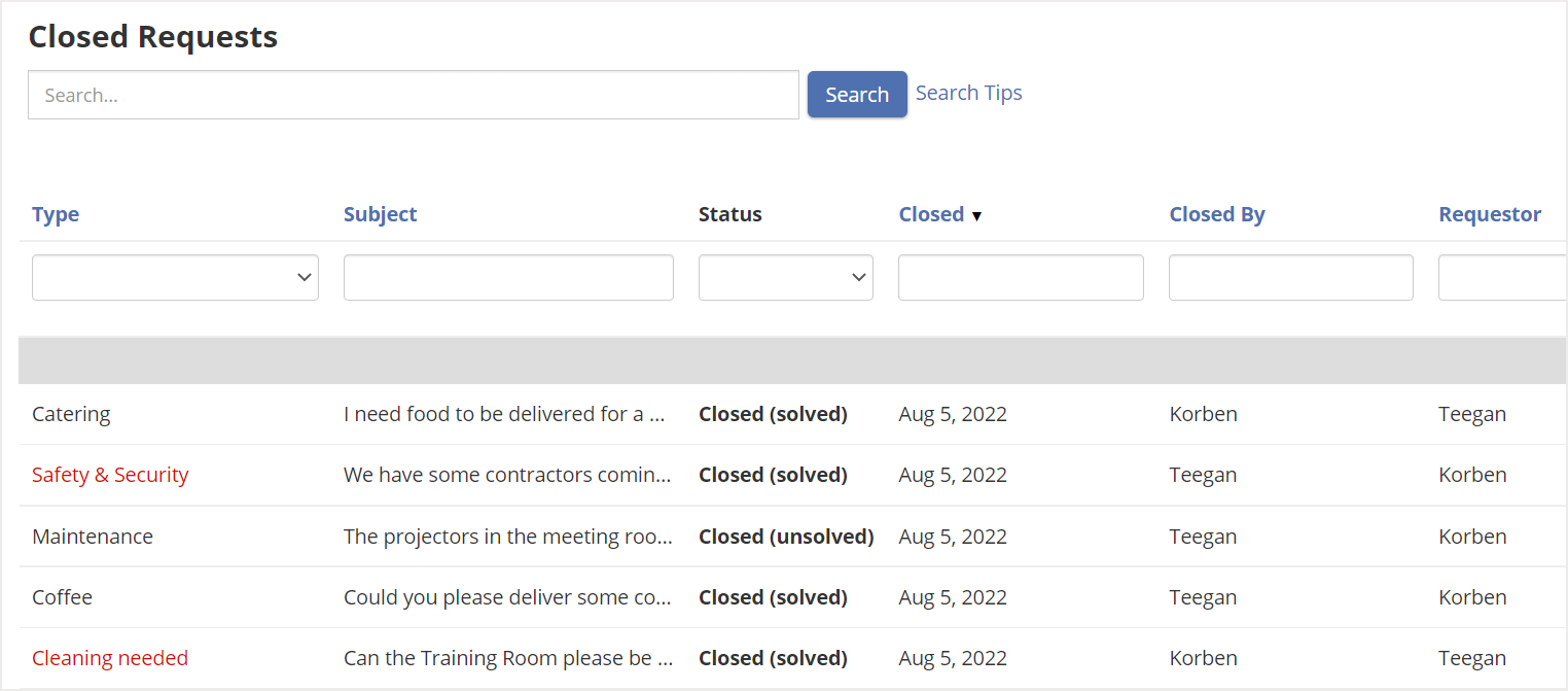 Closed Requests screen