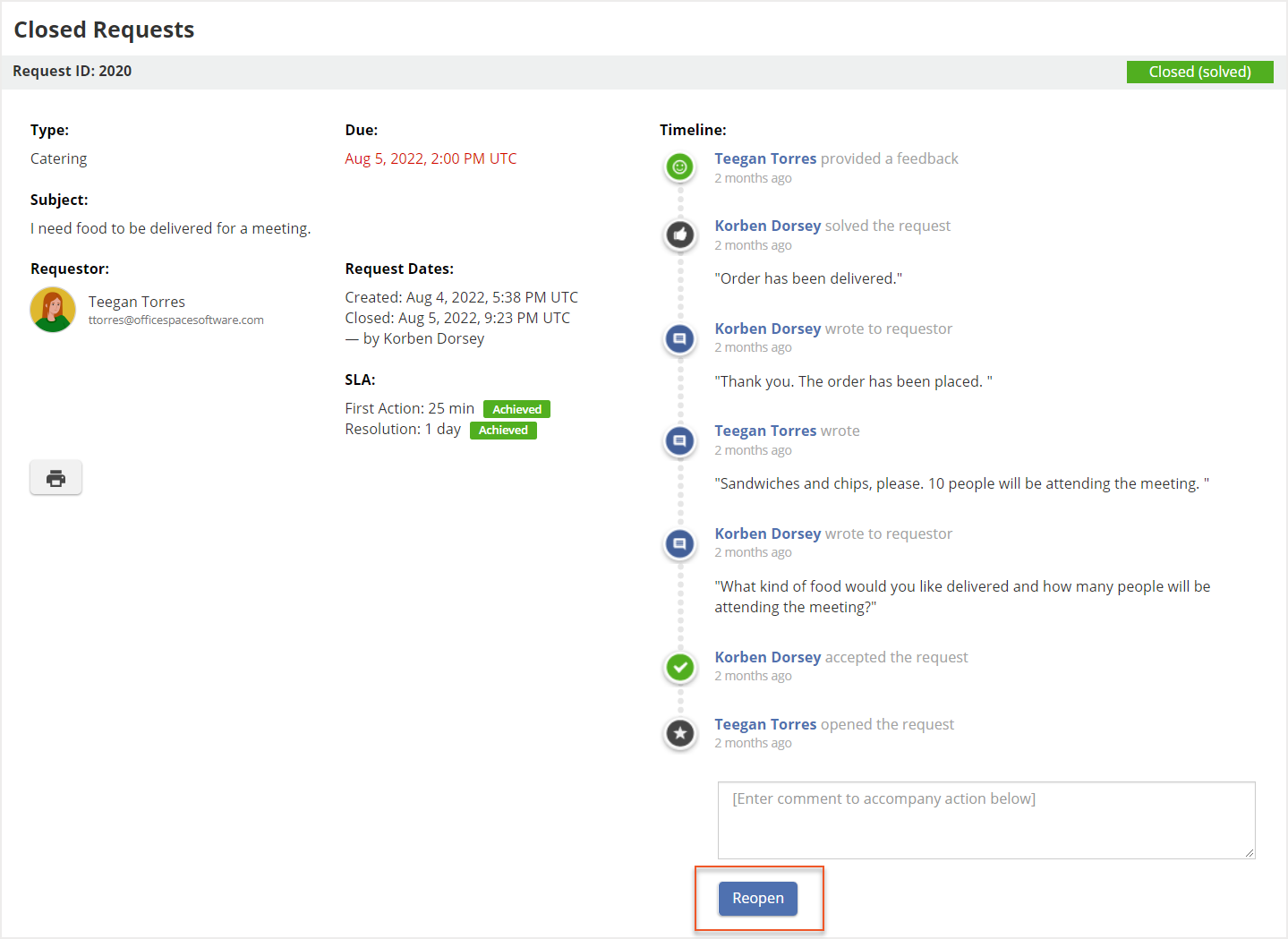 Closed request details with reopen button indicated